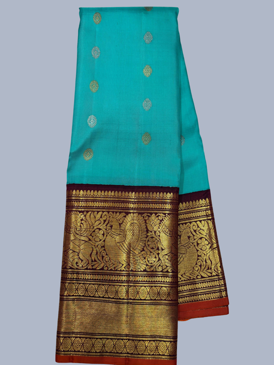 Pure Handwoven Gadwal Silk Saree With Aqua Blue - 015