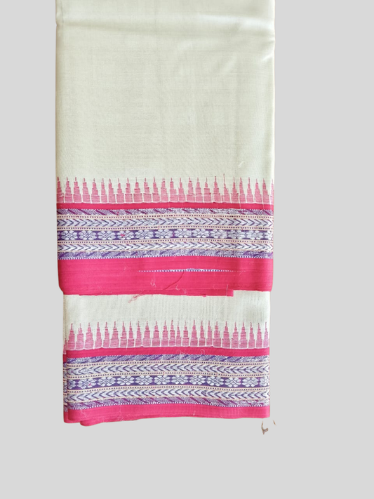 light cream & Bright Pink Handloom Vidarbha Tussar Silk Saree with Multicolor Contrast Border -003