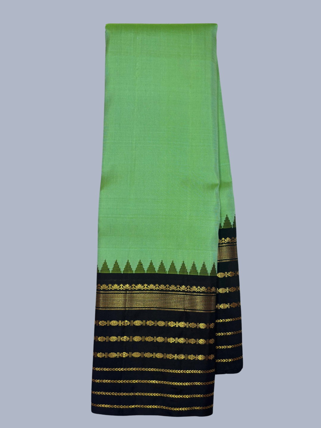 Pure Handwoven Gadwal Silk Saree inPine Green  & Golden Border - 012