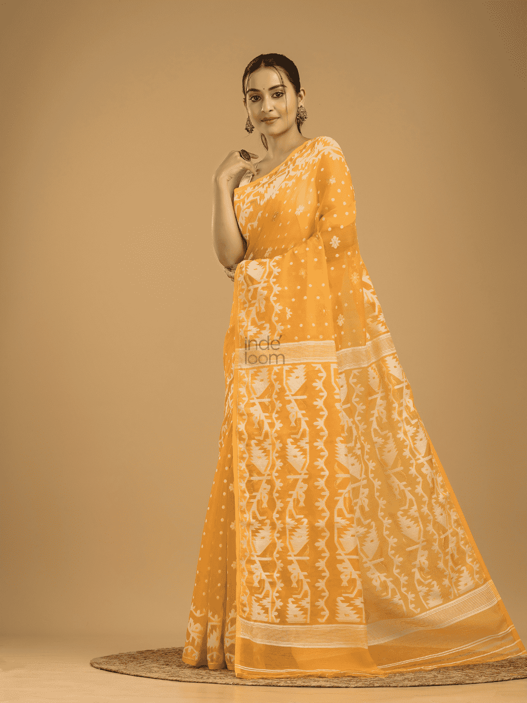 Amber Orange Cotton Silk Jamdani Saree - 001 - indeloom