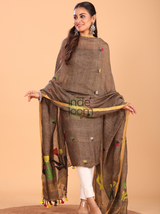 Coffee Brown Linen Jamdani 2-Piece Set Kurti & Dupatta (UNSTITCHED) - 052