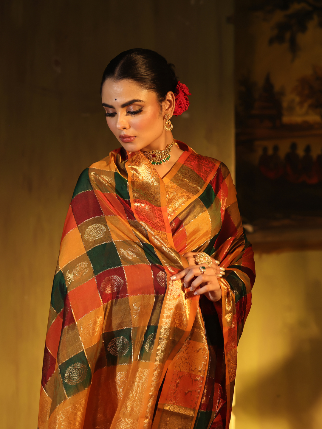 Pure Handloom Korvai Saree | Checks Green, Maroon, Mustard Gold