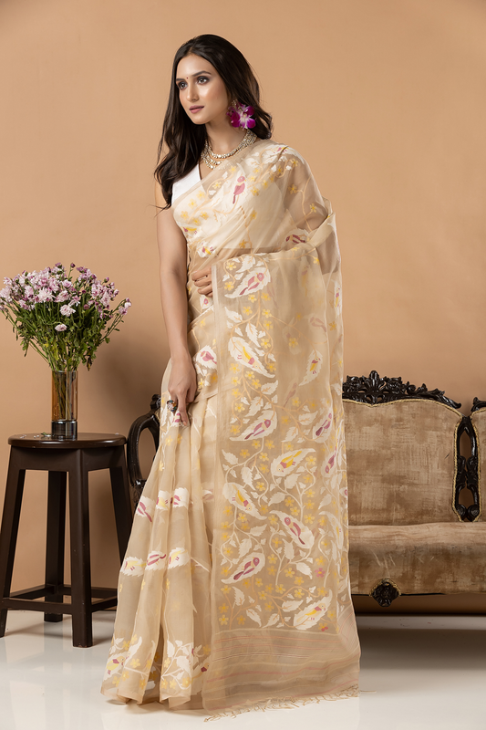 Handwoven Jamdani Muslin Saree | Beige | All-over Jamdani weaves