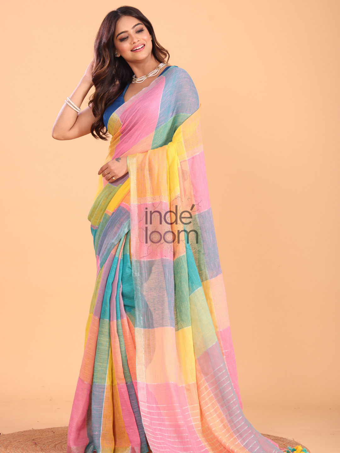 Linen Checks Saree With Pink Yellow Blue - 133