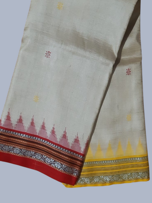 Light Yellow And Light Pink And Orange Handloom Vidarbha Tussar Silk Saree with Multicolor Contrast Border -110