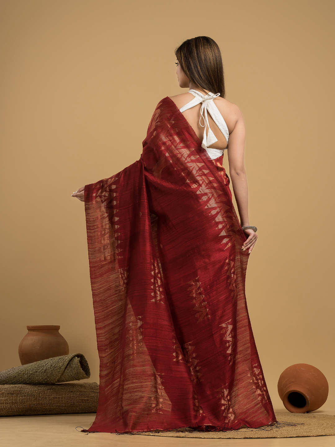 Matka Silk Jamdani Saree  With Blood Red - 084