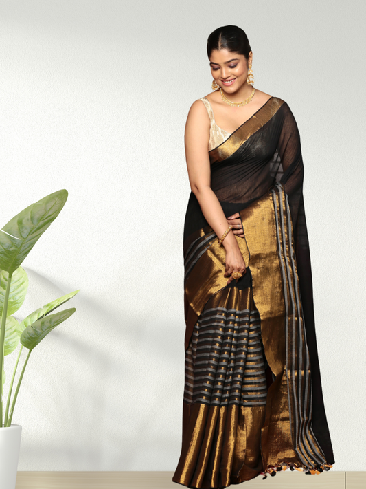Black with Golden Stripes Tissue Silk Saree-013