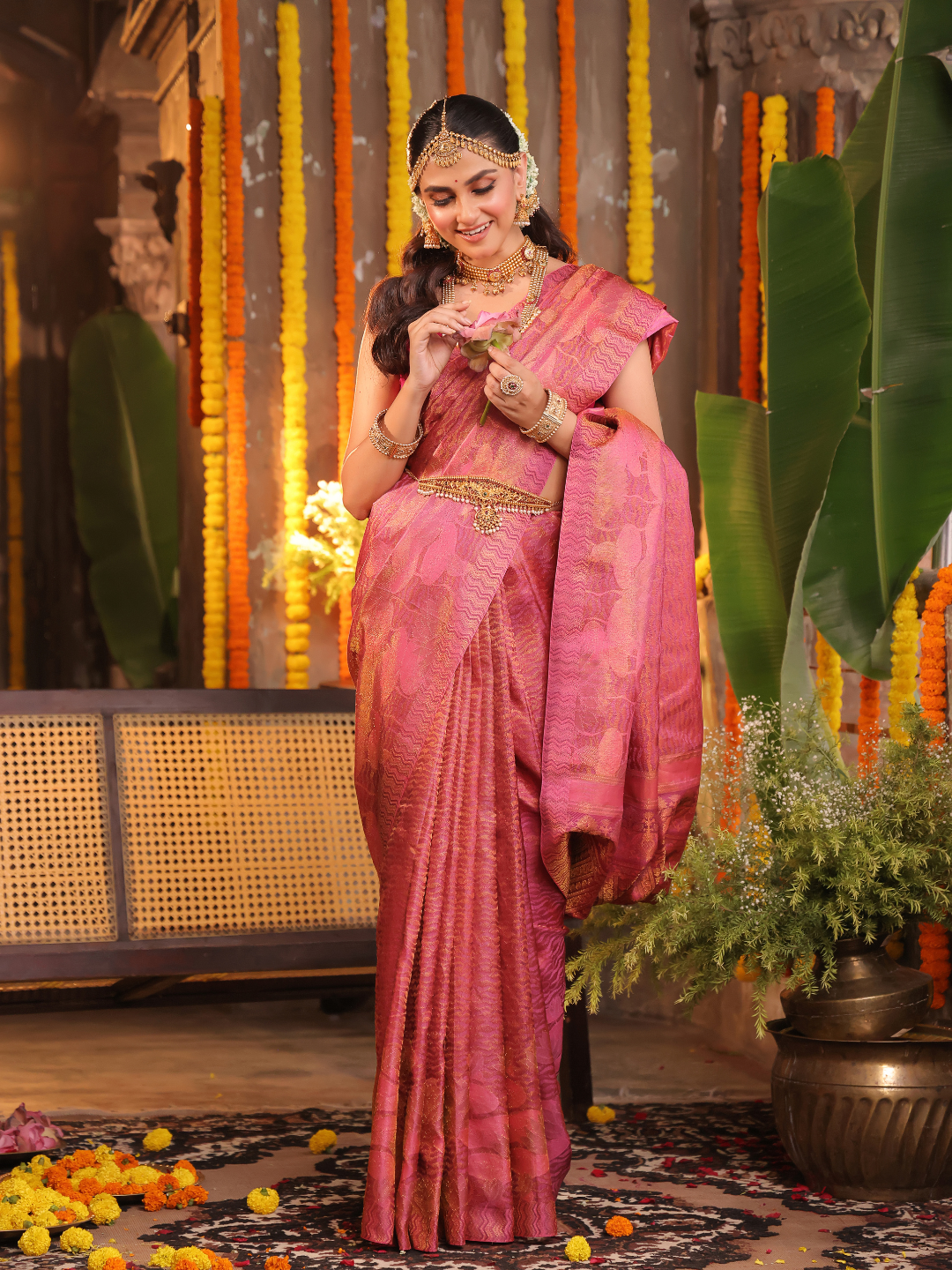 Rajani Rekha - Royal Rani pink silk with floral vine zari