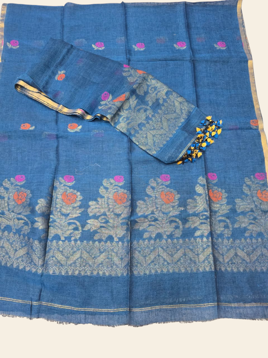 Pure Handloom Linen Unstitched 2-piece  Kurti | blue
