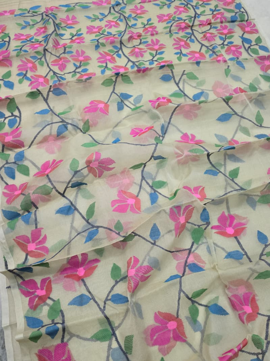 Handwoven Pure Jamdani Cotton Saree  |  Cream Beige