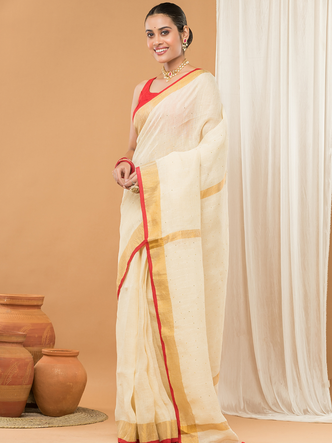 Linen Sequin Jamdani Saree With Cream White - 002