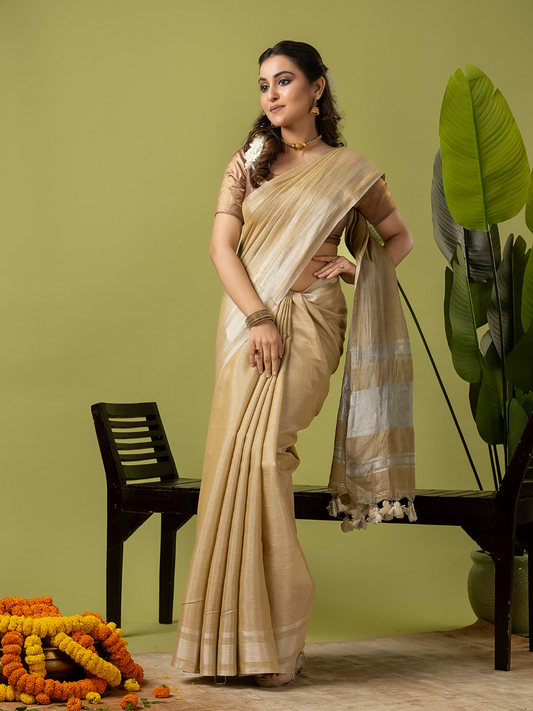 Pure Handloom Linen Saree | Khaki Golden Green and Green | Half and Half style with Contrast Border