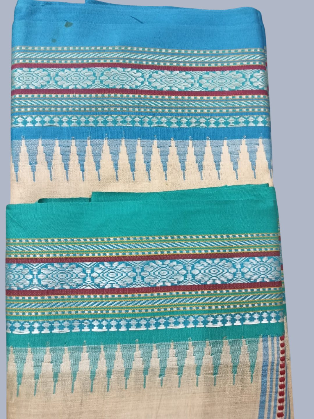 Sky Blue  Handloom Vidarbha Tussar Silk Saree with Multicolor Contrast Border -015