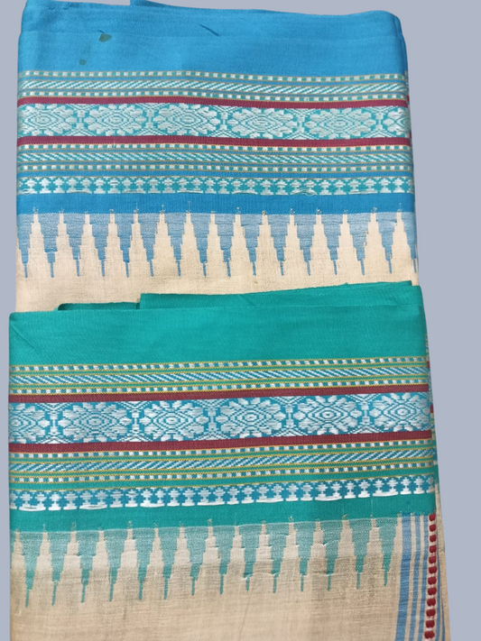 Sky Blue  Handloom Vidarbha Tussar Silk Saree with Multicolor Contrast Border -015