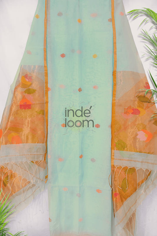 Handwoven Jamdani Muslin Unstitched 2-piece Kurti  |  Sage Green