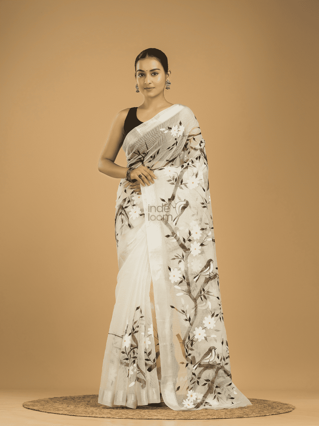 Kota Doria Handpainted Saree With Pearl White - 007 - indeloom