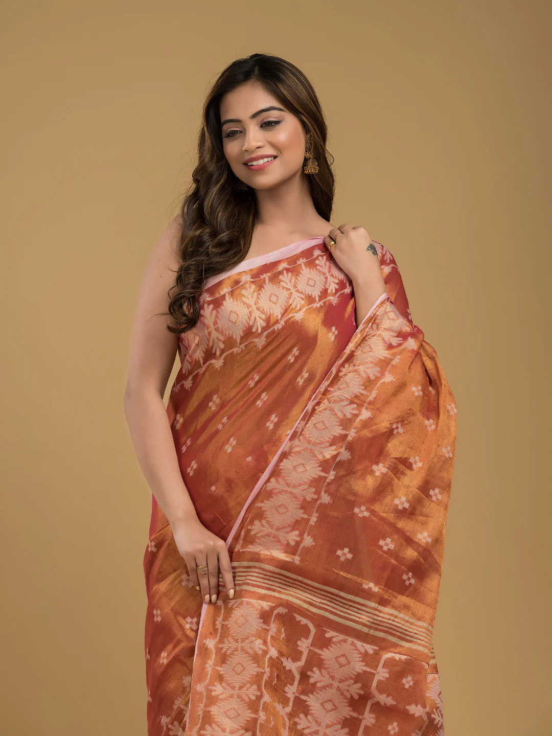 Tissue Silk Jamdani Saree Fire Orange - 041