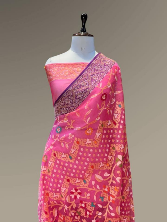 Exclusive Pure Ektara Benarasi Kora Jamdani saree | Raspberry Pink