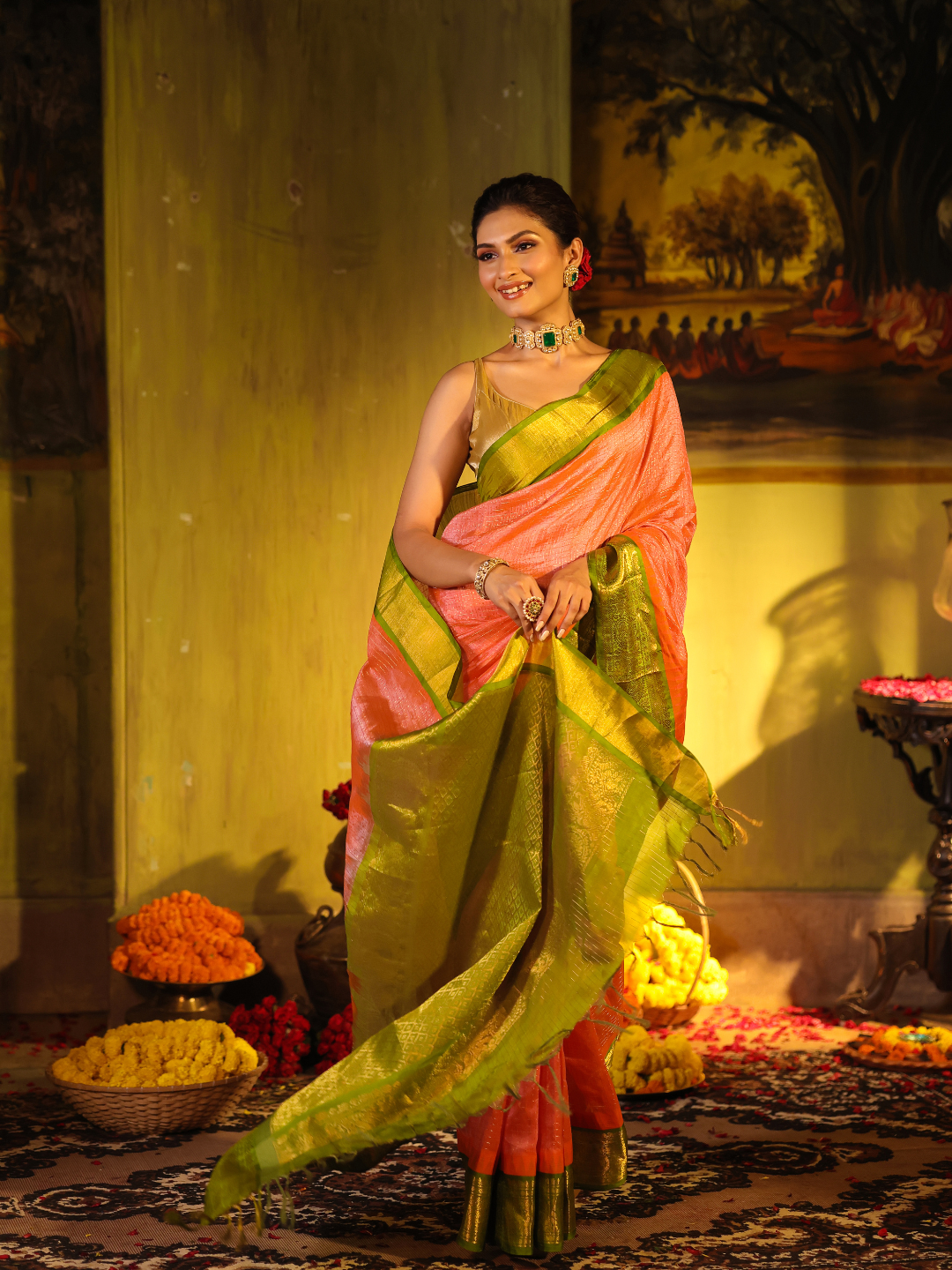 Pure Handloom Korvai Saree | Coral Pink and Leaf Green