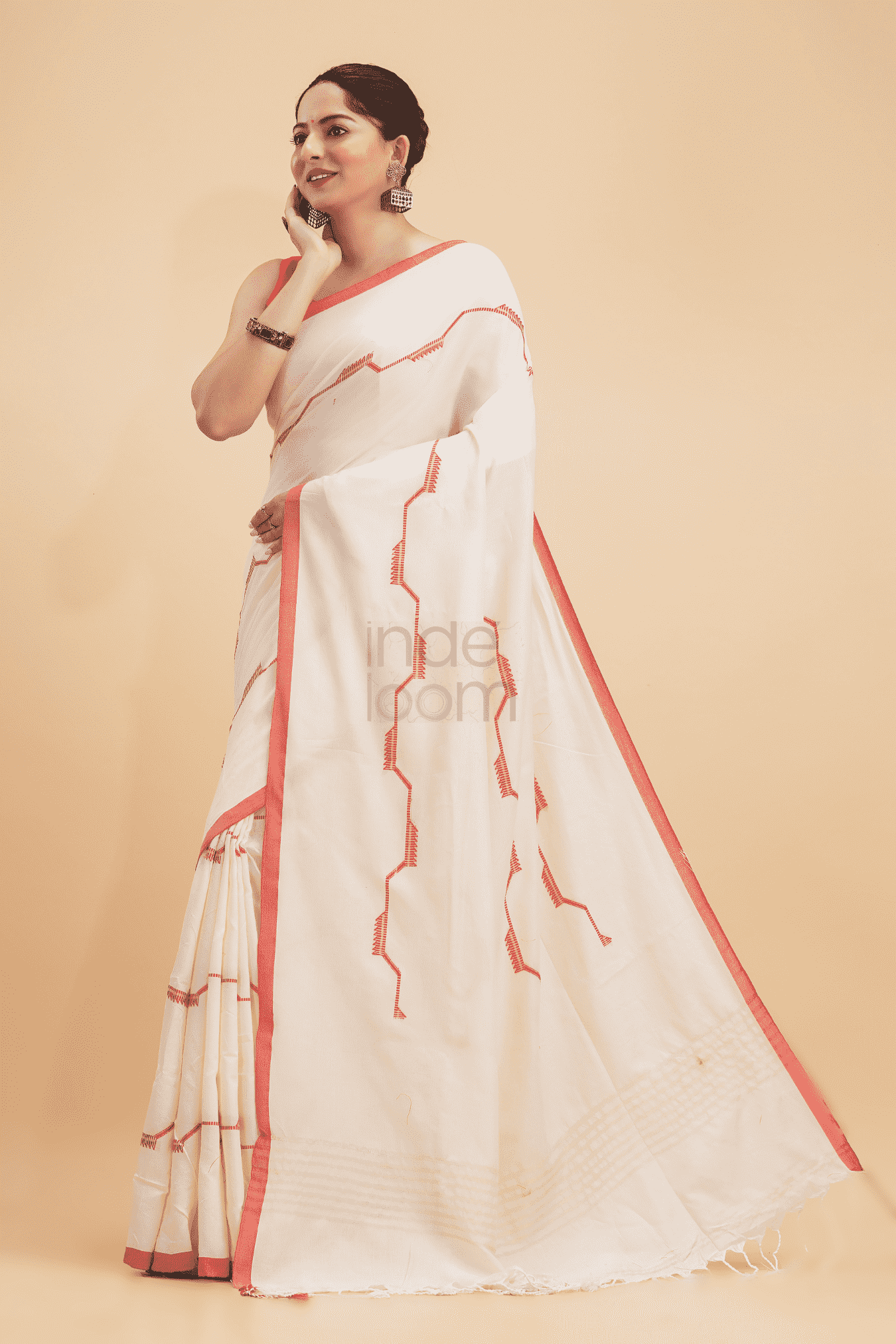 Durga Puja Saree Handloom Cotton in Red White- 001 - indeloom