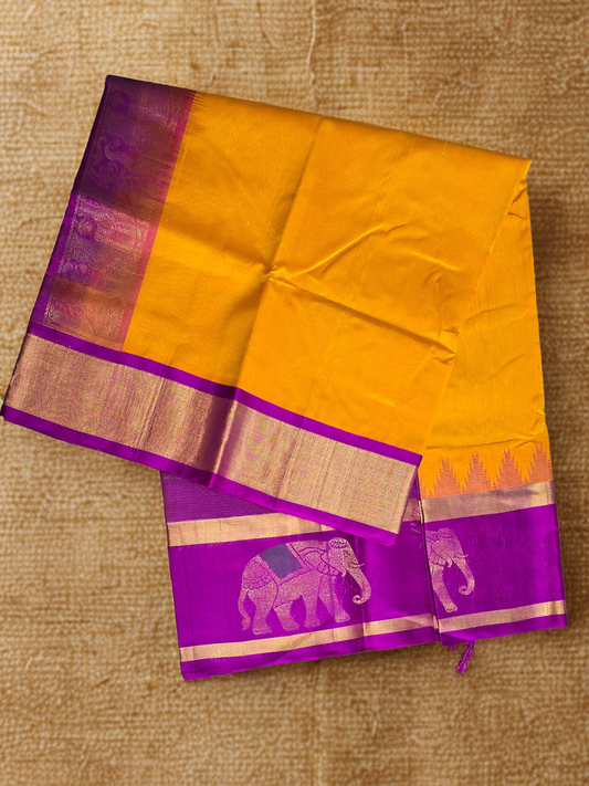 Pure Handloom Korvai Saree | Golden Yellow and Purple