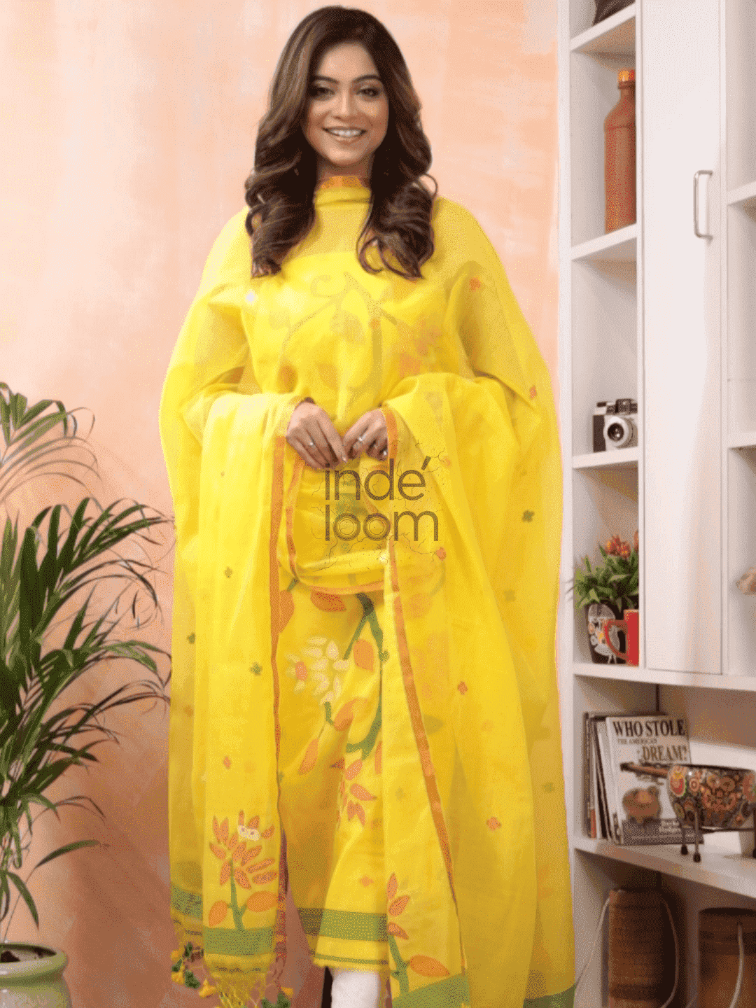 Lemon Yellow Jamdani 2-Piece Set Kurti & Dupatta (UNSTITCHED) -548 - indeloom