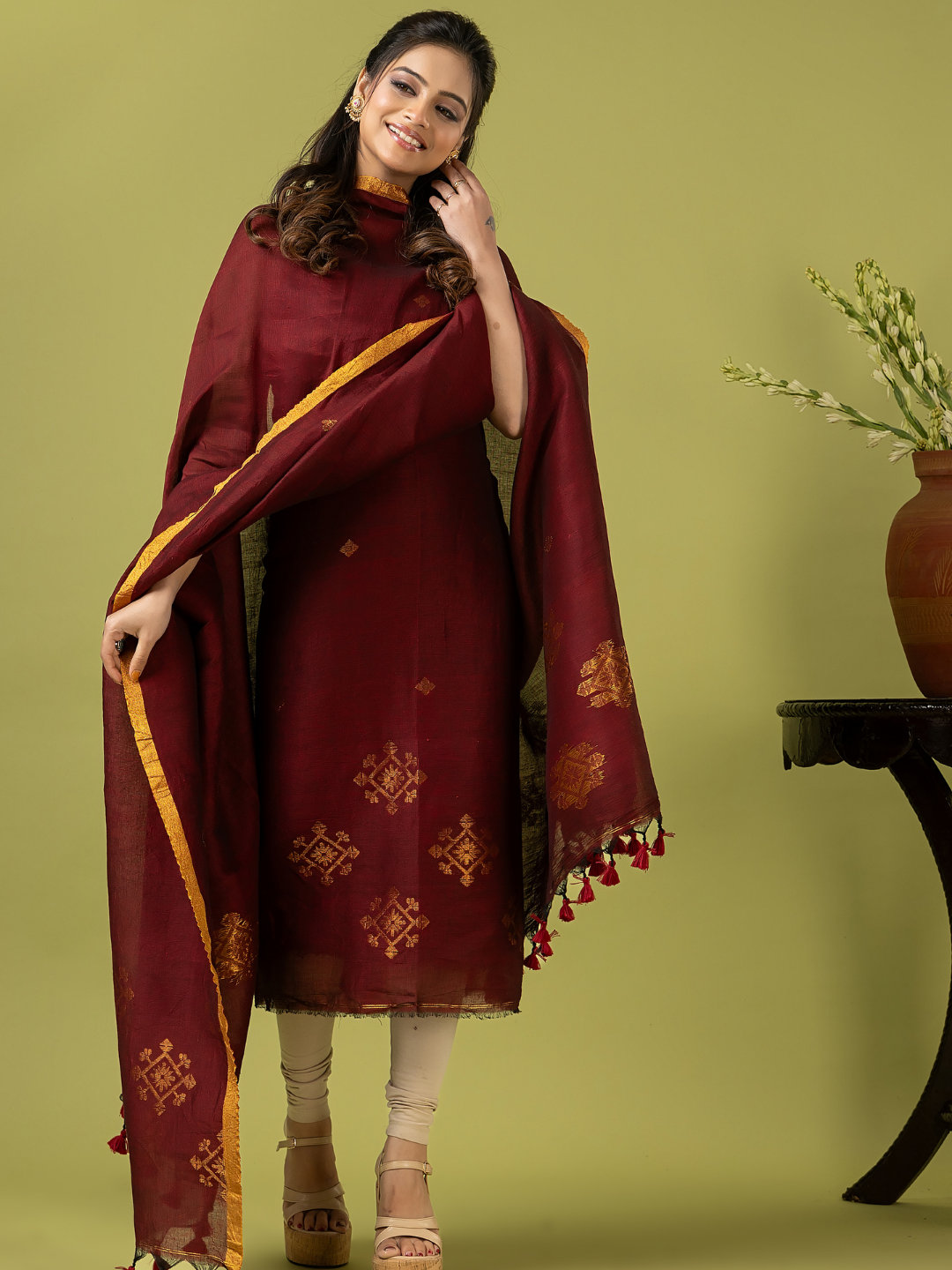 Handwoven Jamdani Linen Unstitched 2-piece Kurti | Deep Maroon