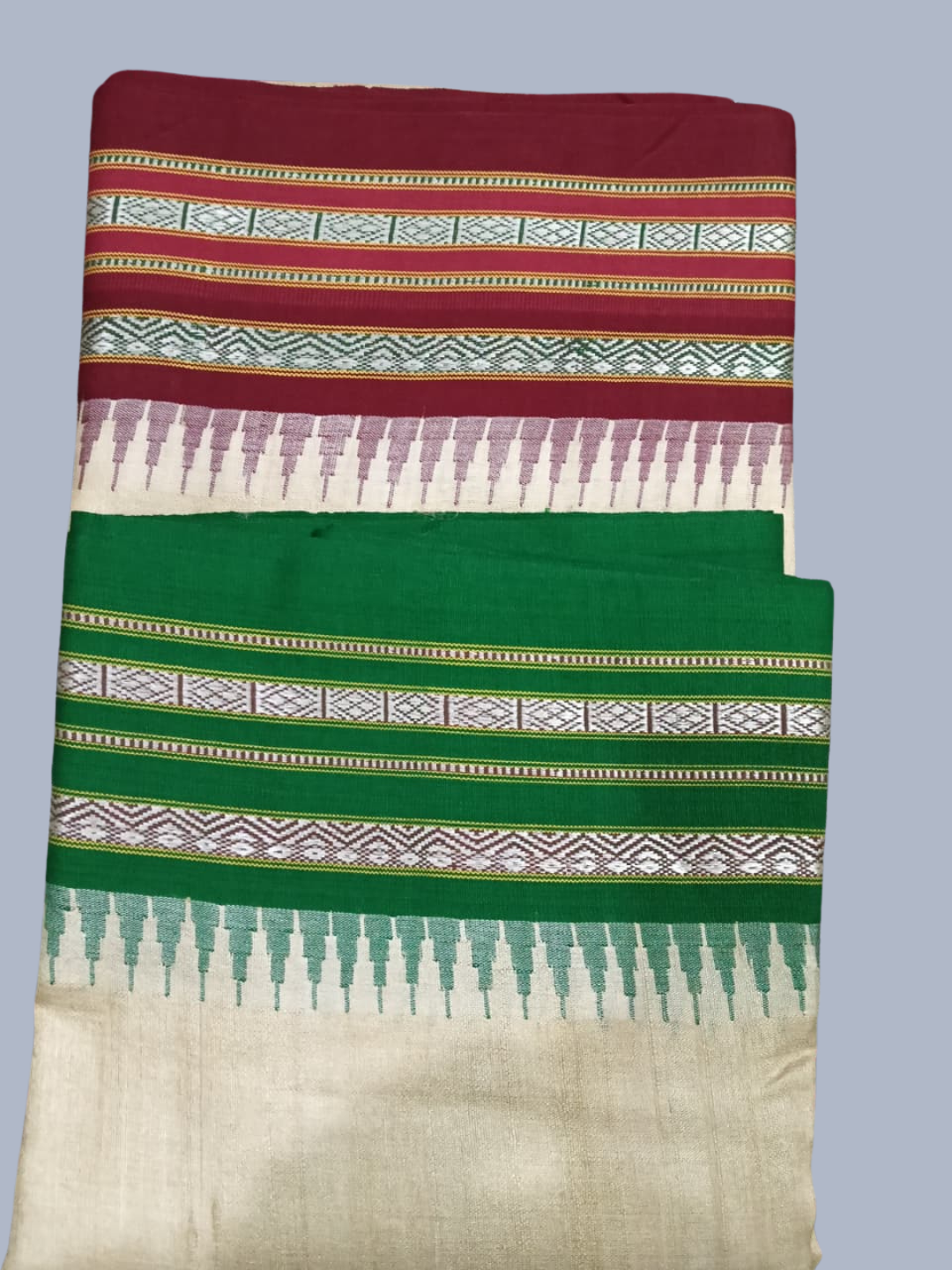 Red and Green Handloom Vidarbha Tussar Silk Saree with Multicolor Contrast Border -001