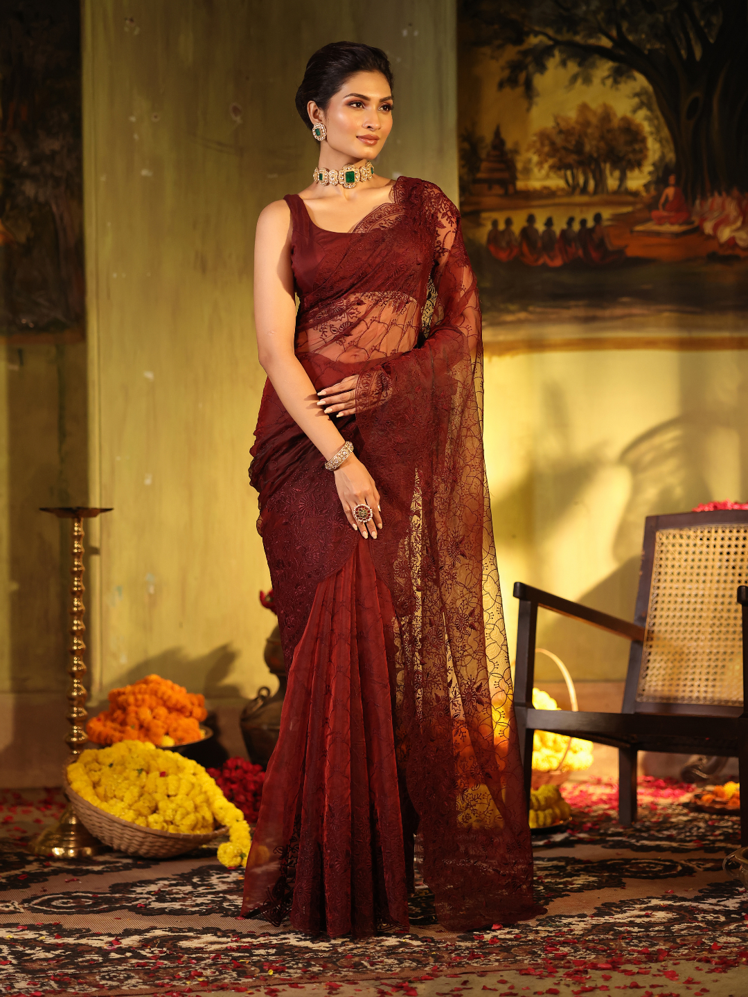 Organza Embroidery Saree With Deep Maroon - 002