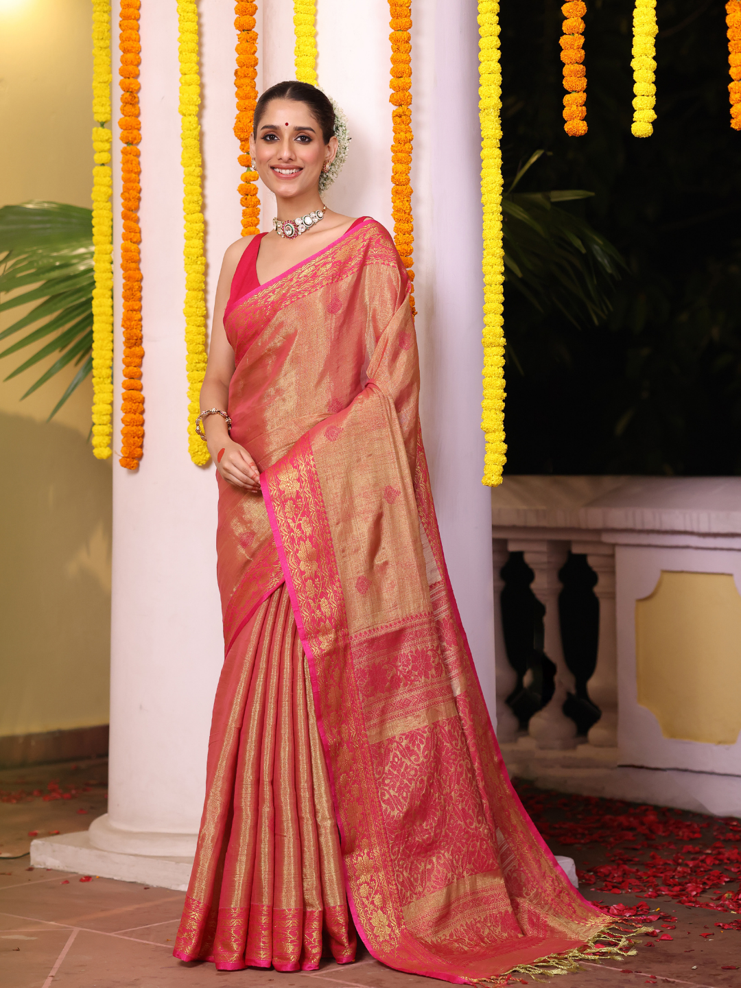 Tissue Silk Jamdani Saree With Rich Pinkish-Red - 113