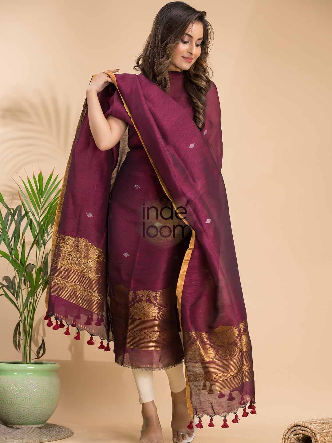 Maroon Cotton Linen 2-Piece Set Kurti & Dupatta (UNSTITCHED) - 001