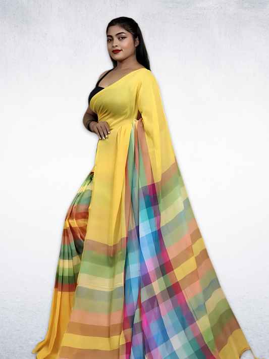 Mul Cotton Gamcha Checks Saree With Corn Yellow - 015