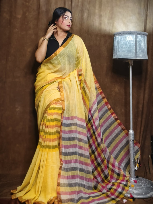 Pure Handloom Linen Saree | Sun Yellow
