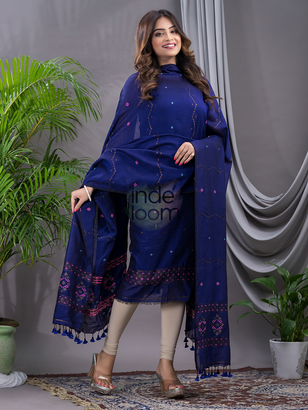 Berry Blue 120 Count Cotton Jamdani 2-Piece Set Kurti & Dupatta (UNSTITCHED) - 101
