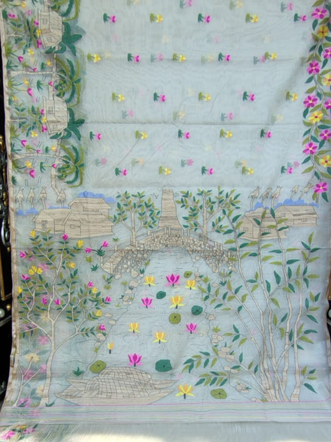 Hand Made Jamdani Saree With Light Aqua Blue -262
