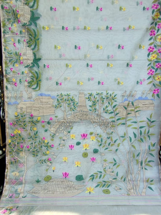 Handwoven Pure Jamdani Cotton Saree  |  Seafoam Teal