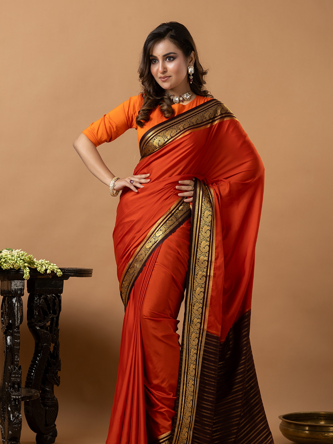 Classic Mysore Semi Silk Saree | Burnt Orange