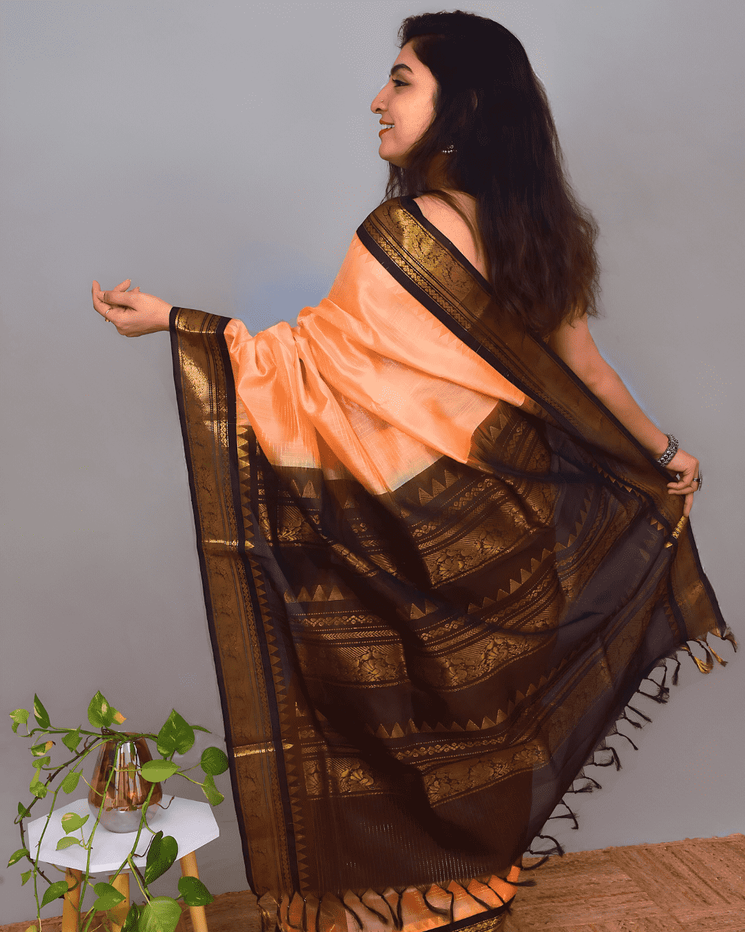 Pure handloom Korvai Silk Cotton Saree in Sand Brown and Black Border with Zari Checks - 135
