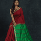 Pure Handloom Korvai Silk Cotton Saree in Wine Red and Green with Elephant Border - 143
