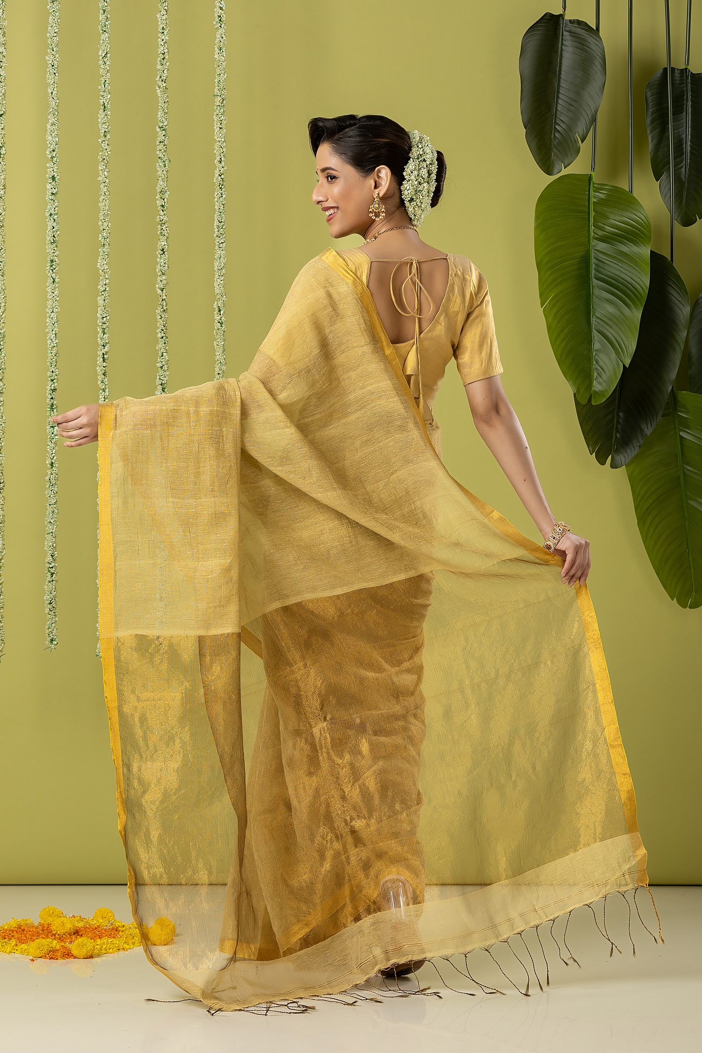 Pure Handloom Linen Saree | Khaki | Plain Body with Ribbon border