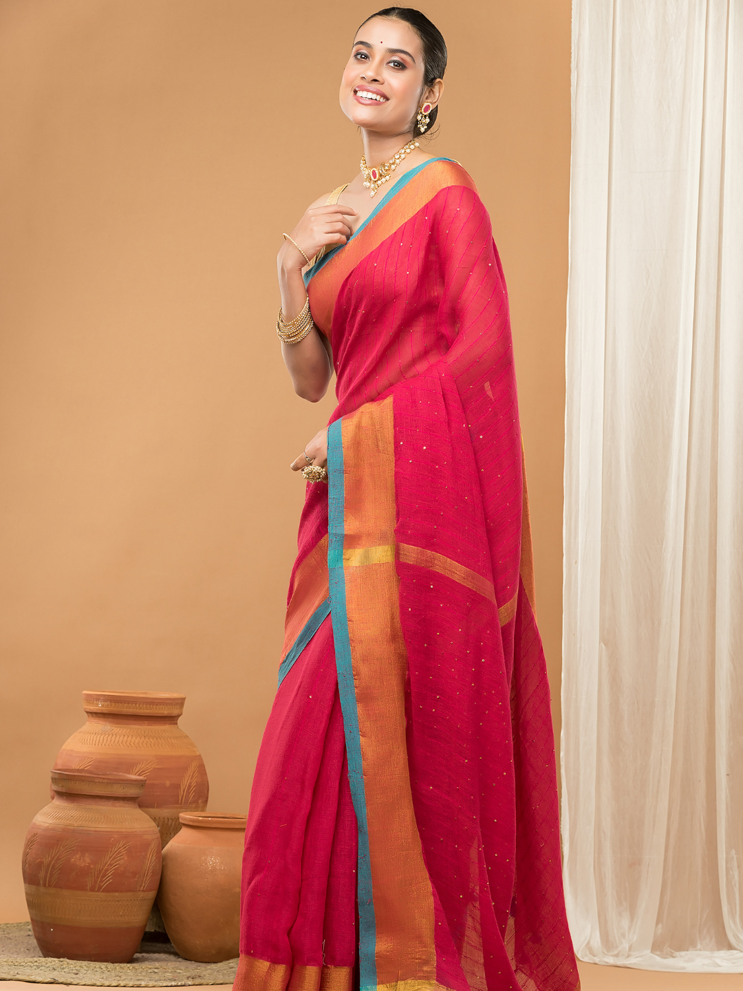 Linen Sequin Jamdani Saree With Rose Red -006