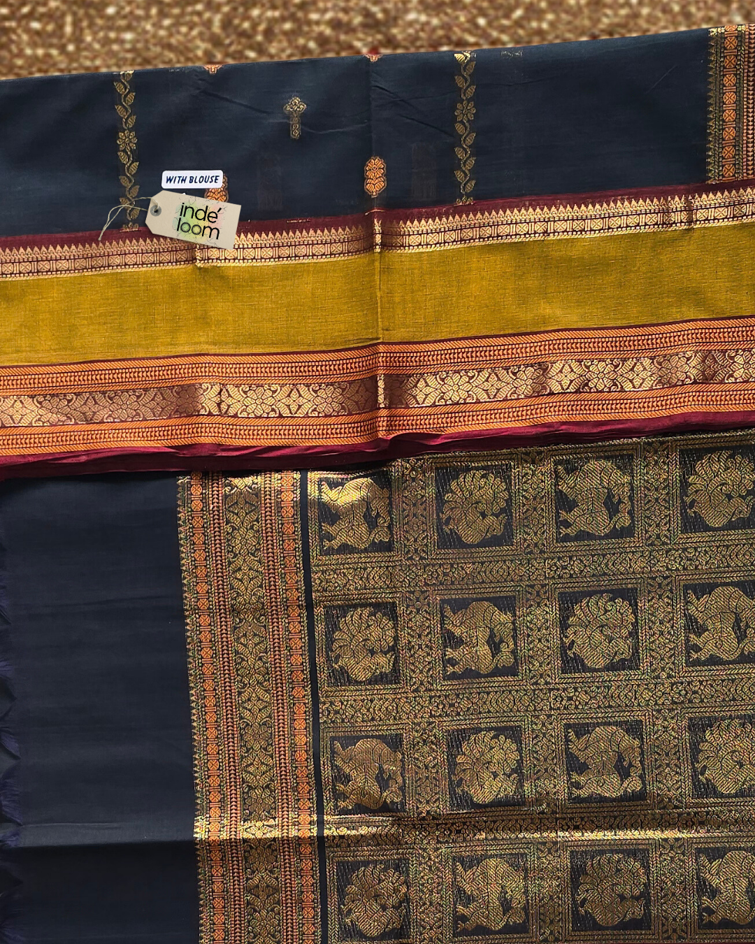 Kanchi Cotton|Bottle Green & Leaf yellow/ Maroon