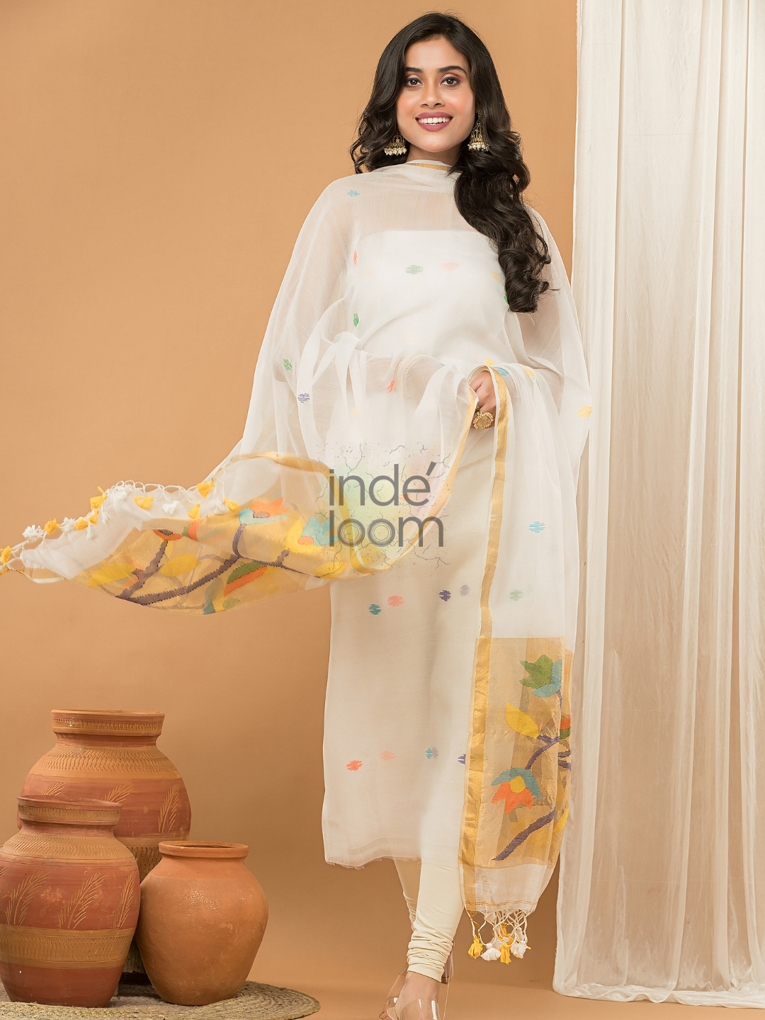 Sequin Paithani Jamdani Unstitched 2-Piece Kurti  |  Pure White