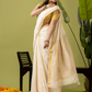 Pure Handloom Linen Saree | Shell White  and White  | Half and Half style with Contrast Border