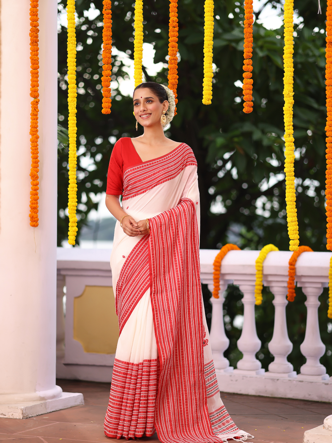 Cotton Linen Saree With Powder White - 115