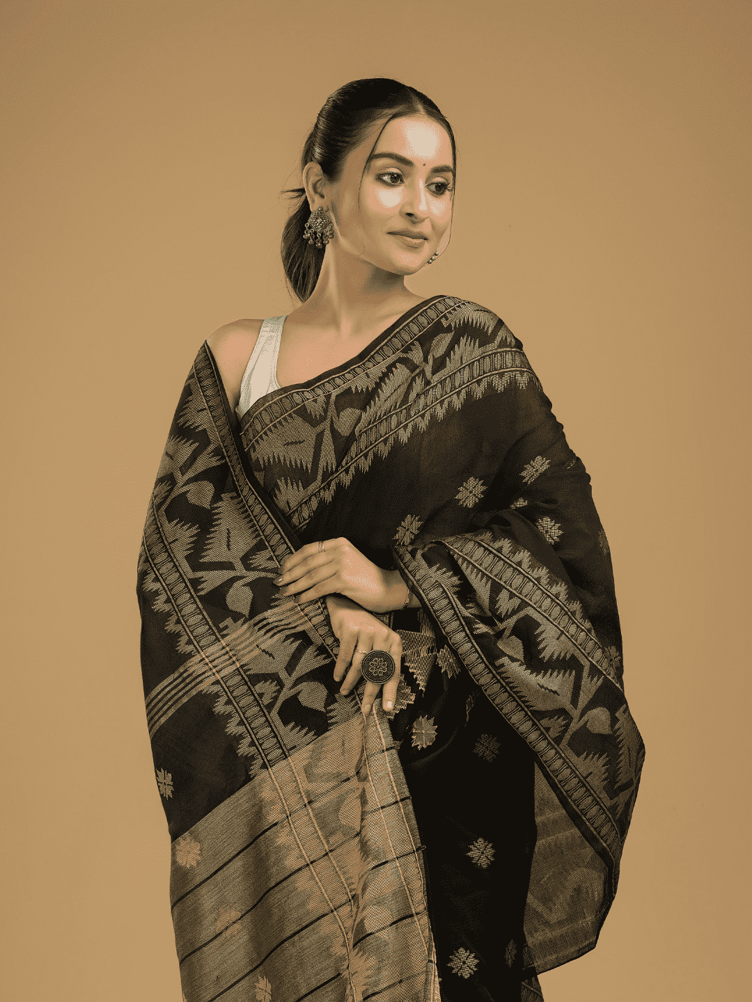 Coal Black Cotton Silk Jamdani Saree - 010 - indeloom