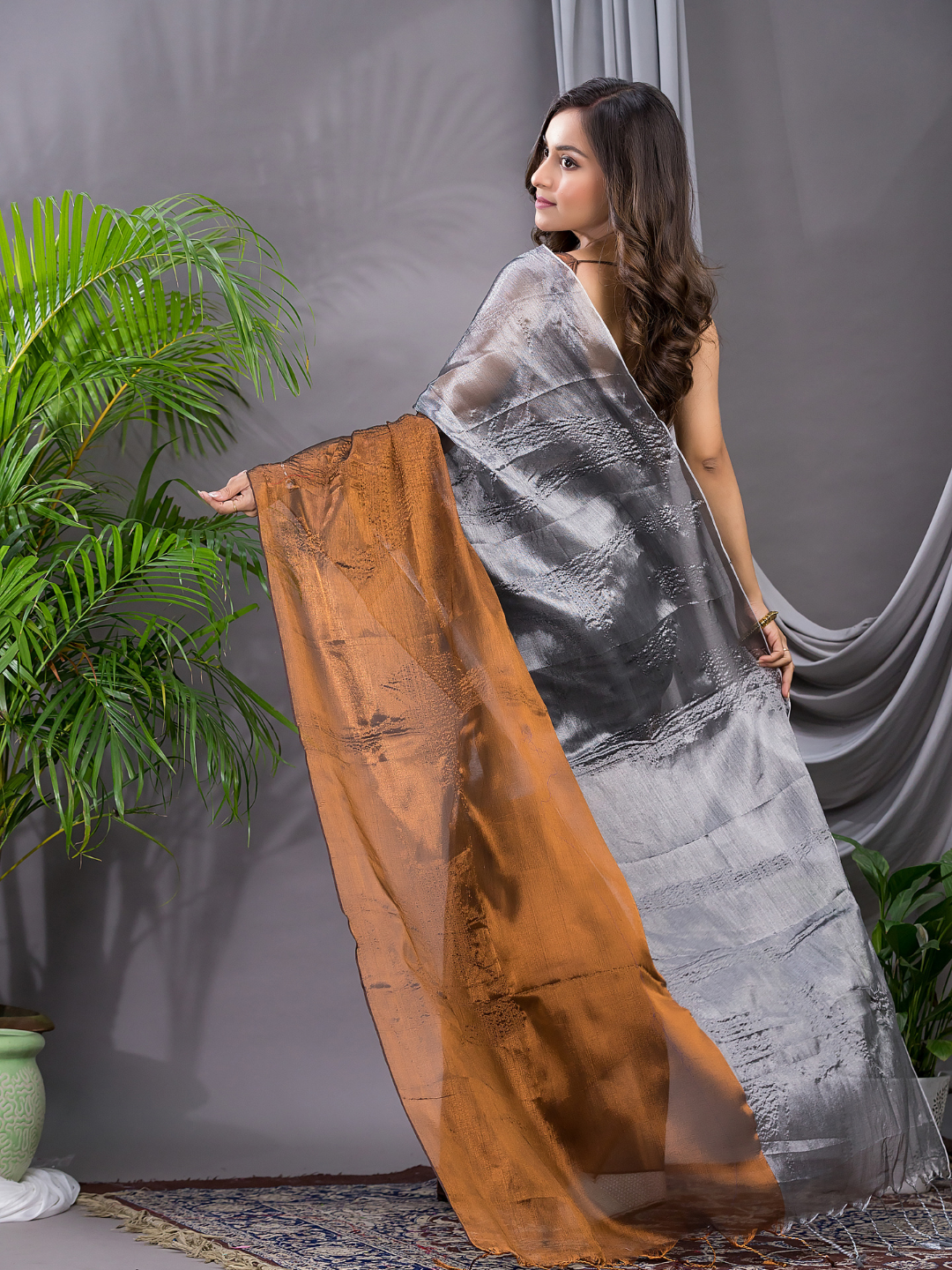 Tissue Silk Saree With Charcoal Grey- 016