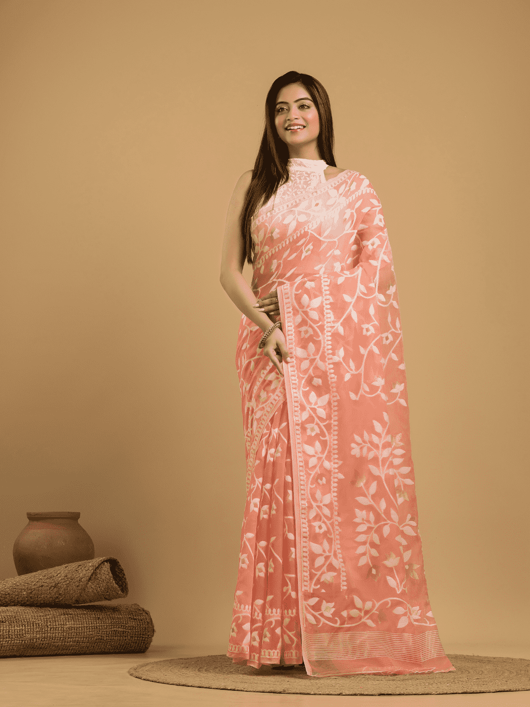 Coral Pink Cotton Silk Jamdani Saree - 030 - indeloom