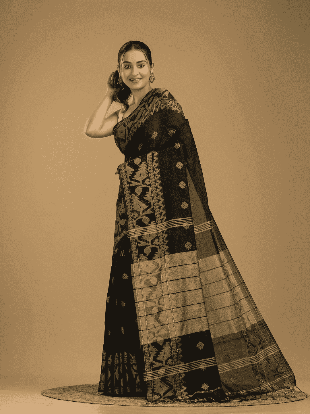 Coal Black Cotton Silk Jamdani Saree - 010 - indeloom