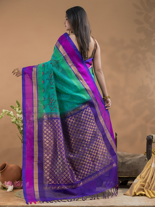 Sky Blue Purple Border Pure Handloom Korvai Silk Cotton Saree In-184